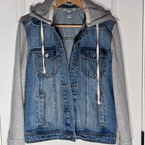 Refuge Denim Jacket with Sweatshirt Sleeves and Hood, Women's Size S